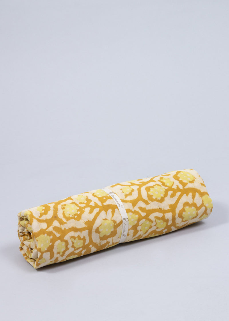 Floral Grove Mustard and Lime Hand Block Printed Cotton Mulmul Fabric