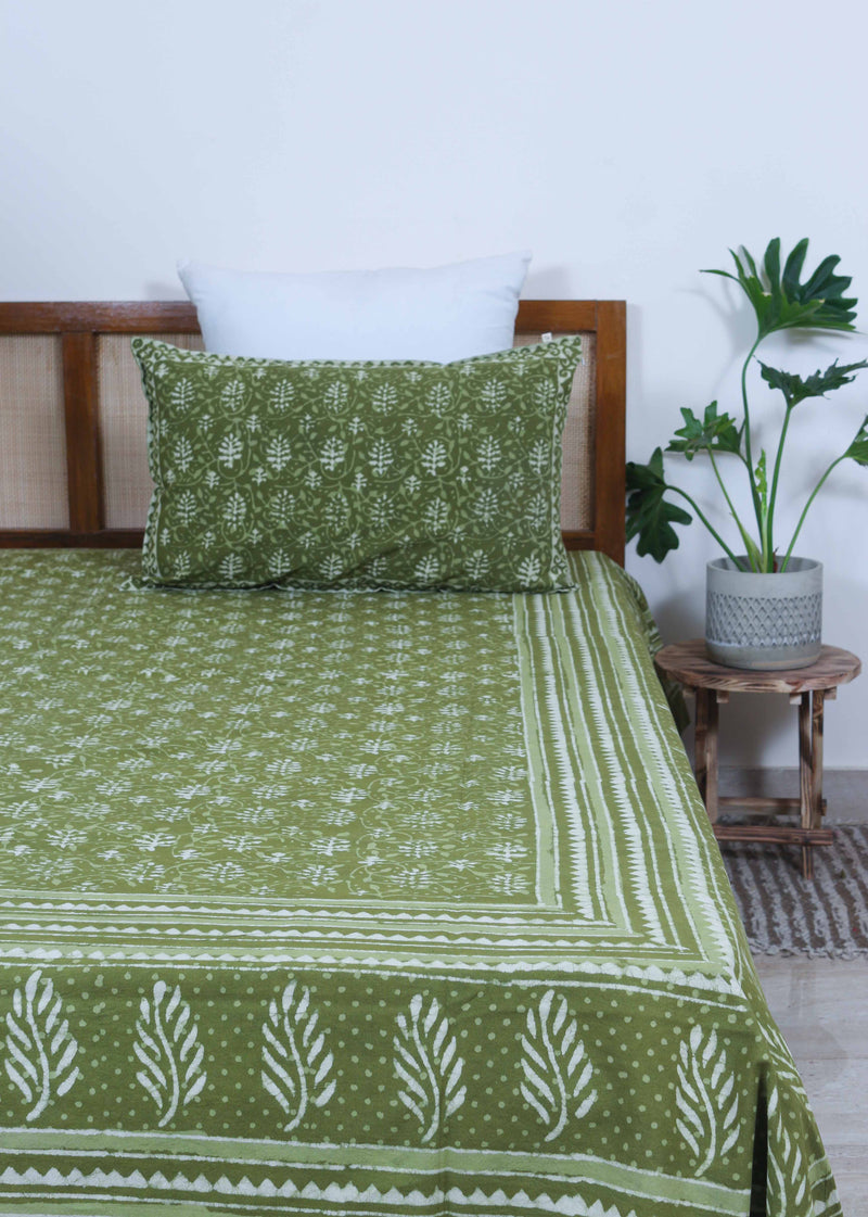 Lush Green Of Dawn Cotton Hand Block Printed Bed Linens