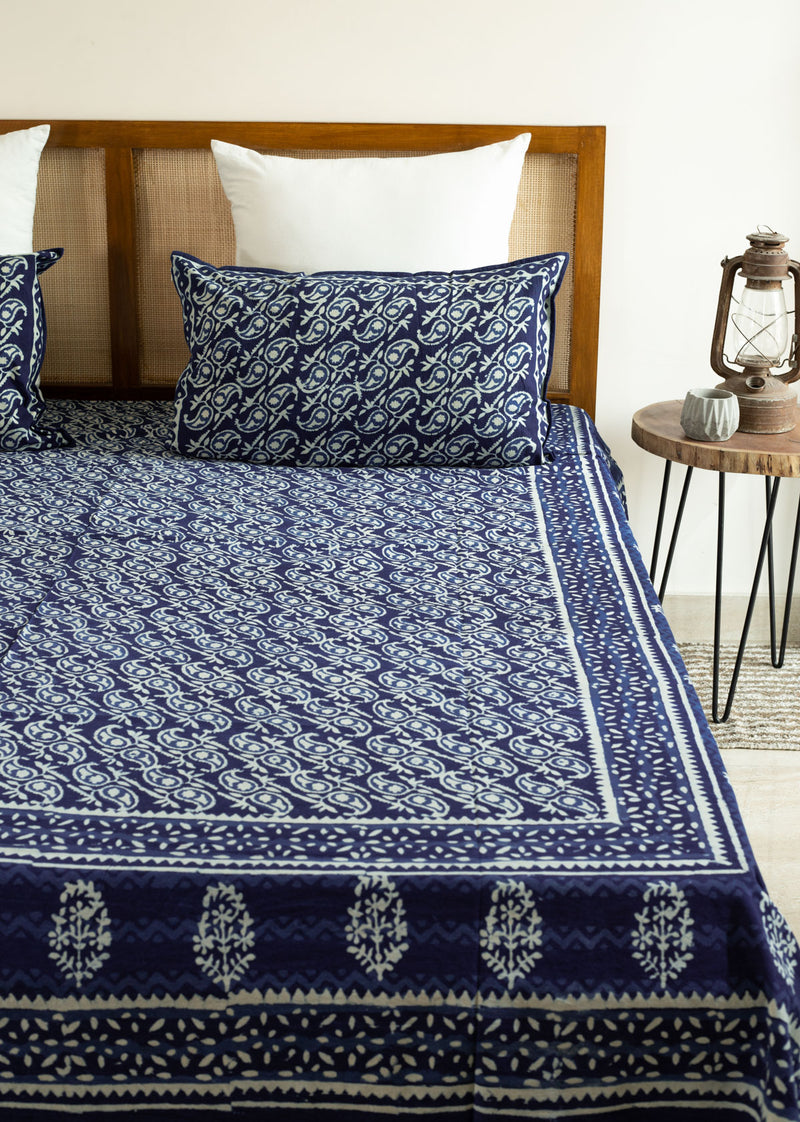 "Floral Trinity Block Printed Cotton Bedsheet "