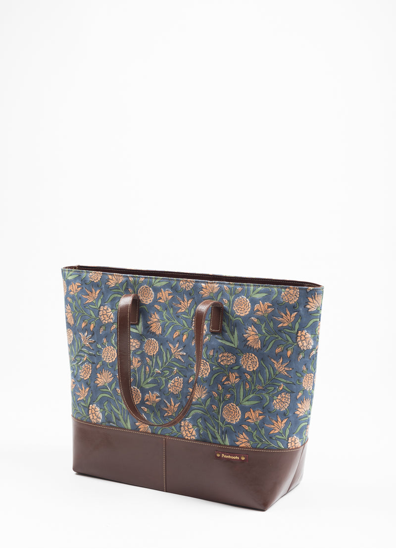 Midnight Blush Hand Block Printed Leather Tote Bag