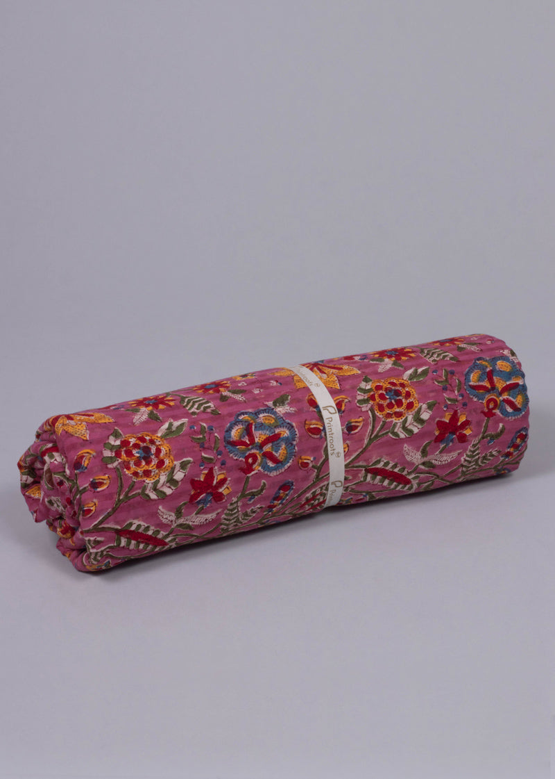 Carnival Of Blossomy Rose Pink Hand Block Printed Fabric