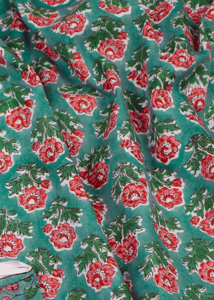 Dear Rosebuds Sage Cotton Hand Block Printed Fabric