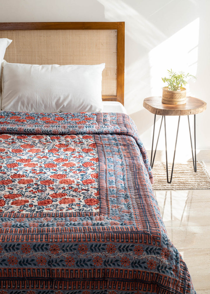 Submarine Bloom Hand Block Printed Cotton Bed Quilt