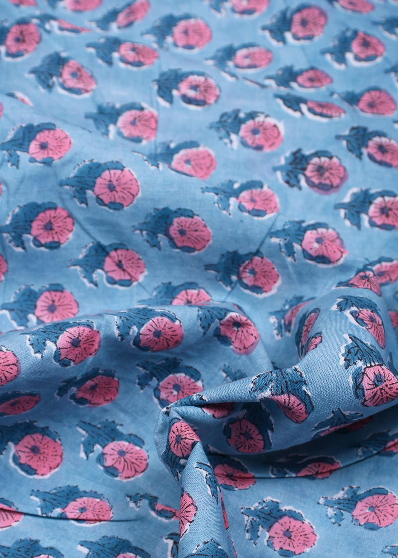 Blue Haze  Cotton Hand Block Printed Fabric (1.70 Meter)