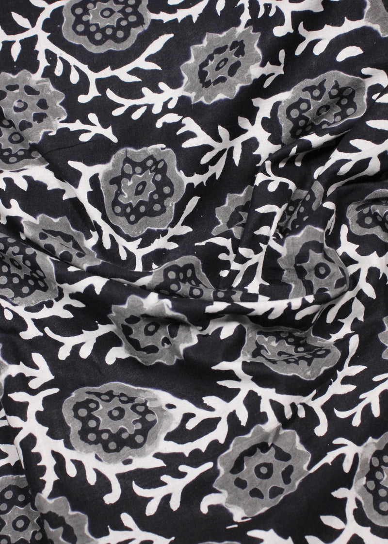 Black Dahlias Cotton Hand Block Printed Fabric (2.80 Meter)