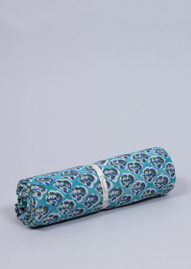 Summer Bloom Garden Aqua Blue Cotton Mulmul Hand Block Printed Fabric