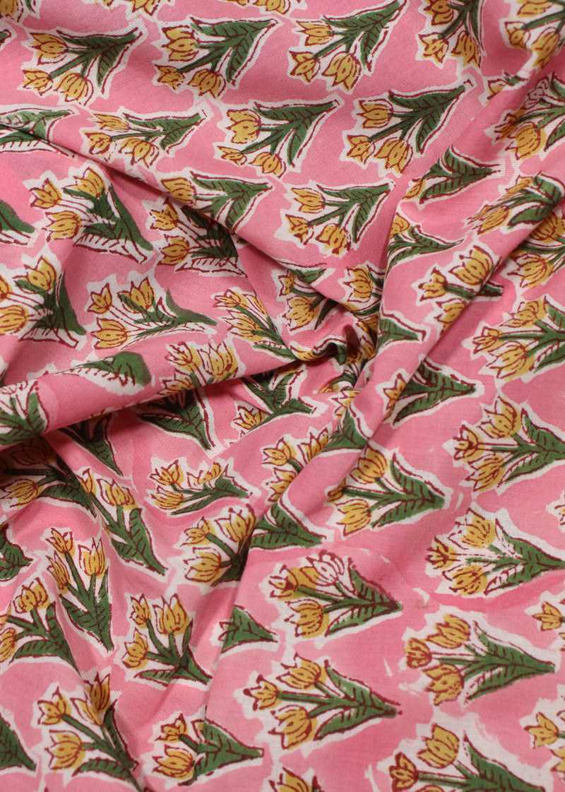 Chiming Skies Pink Cotton Hand Block Printed Fabric