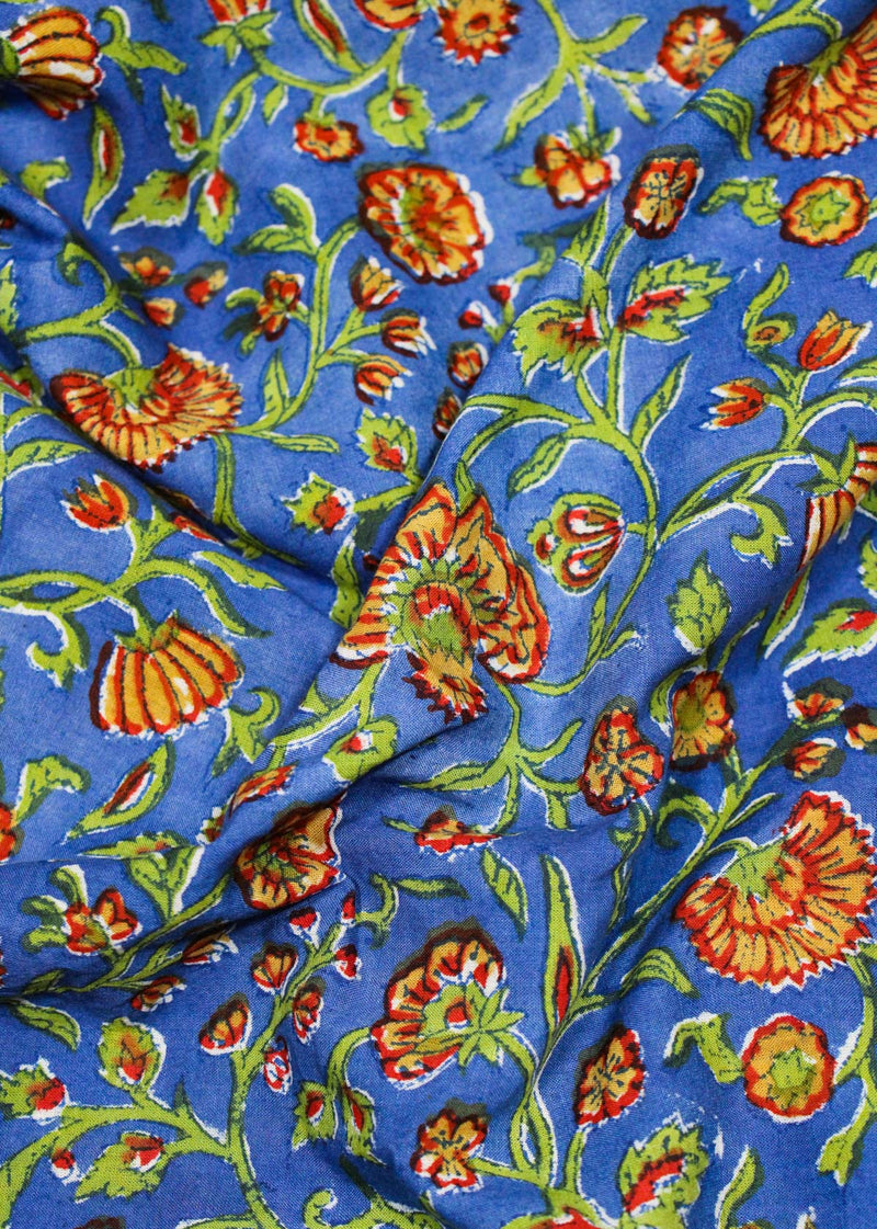 A Dance of Carnation Blue Cotton Hand Block Printed Fabric