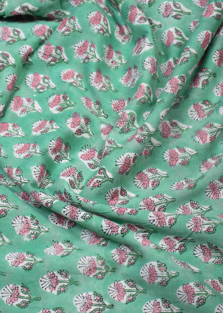 Wishing Green Booti Cotton Mulmul Hand Block Printed Fabric