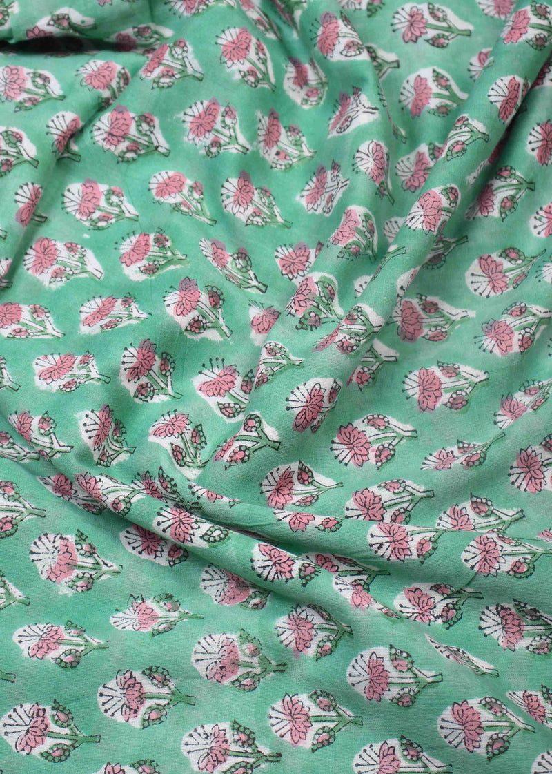 Wishing Green Booti Cotton Mulmul Hand Block Printed Fabric