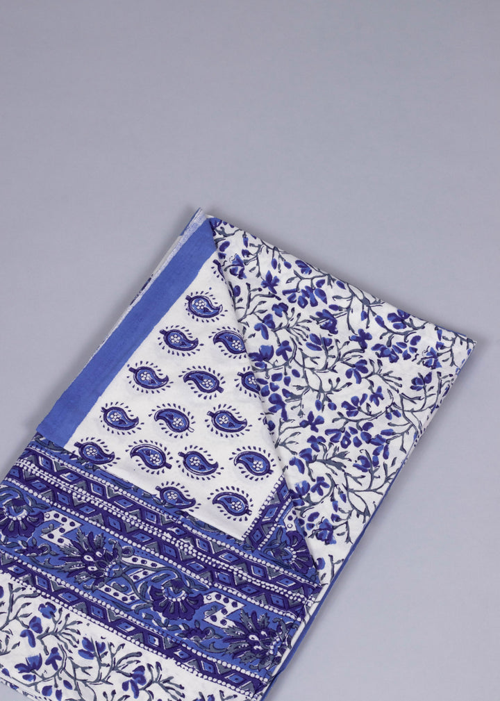 Wasteland Bloom Blue Hand Block Printed Cotton Bedsheet