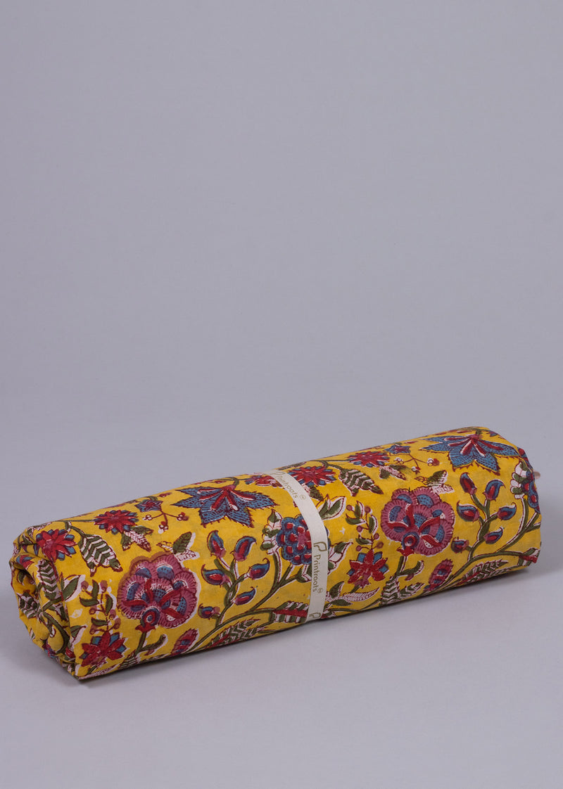 Carnival Of Blossomy Dandelion Yellow Hand Block Printed Cotton Fabric (3.20 Meter)
