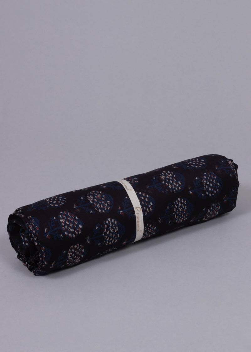 Flame Of The Woods Indigo  Chanderi Hand Block Printed Fabric