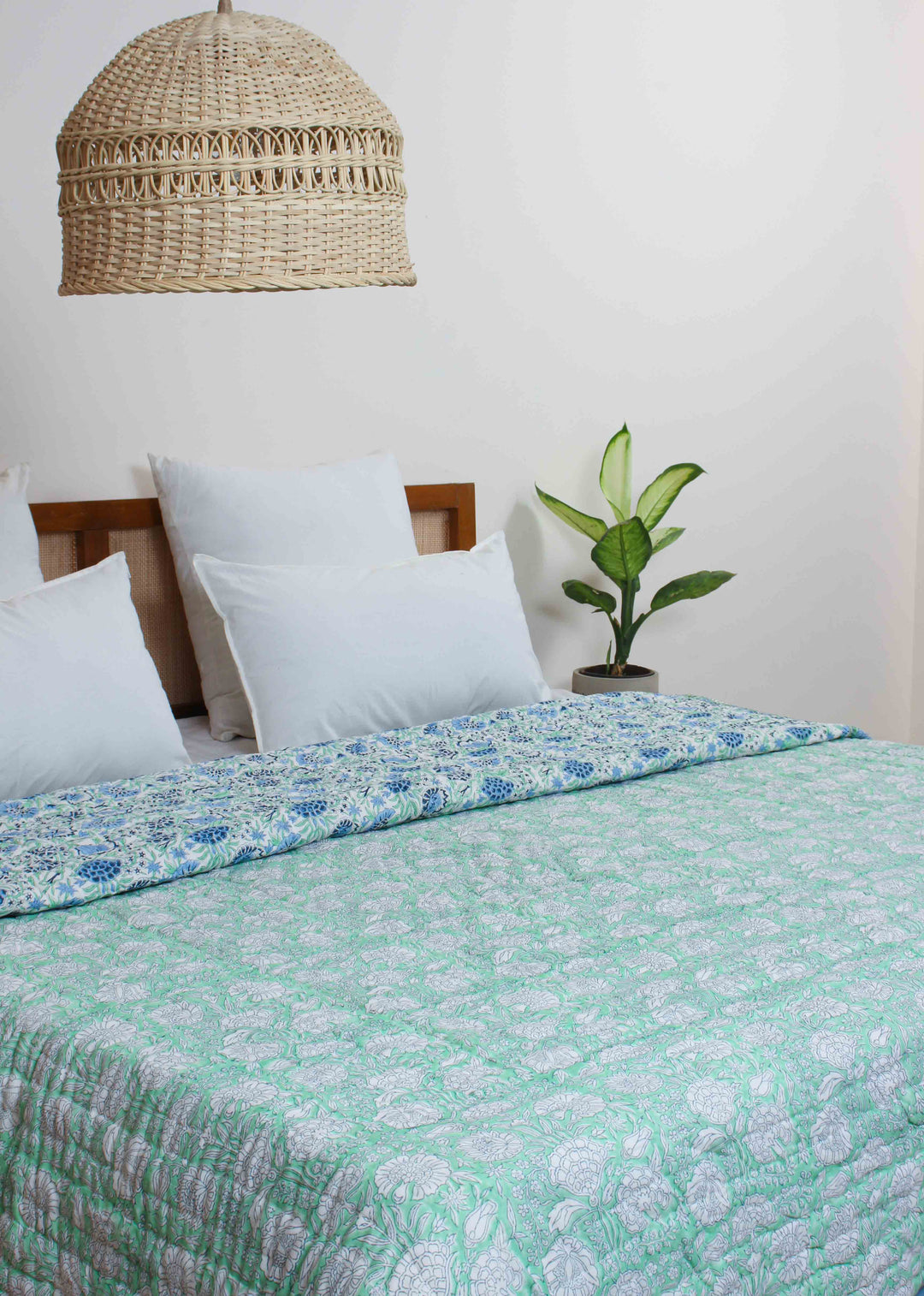 Aqua Romance Hand Block Printed Cotton Bed Quilt