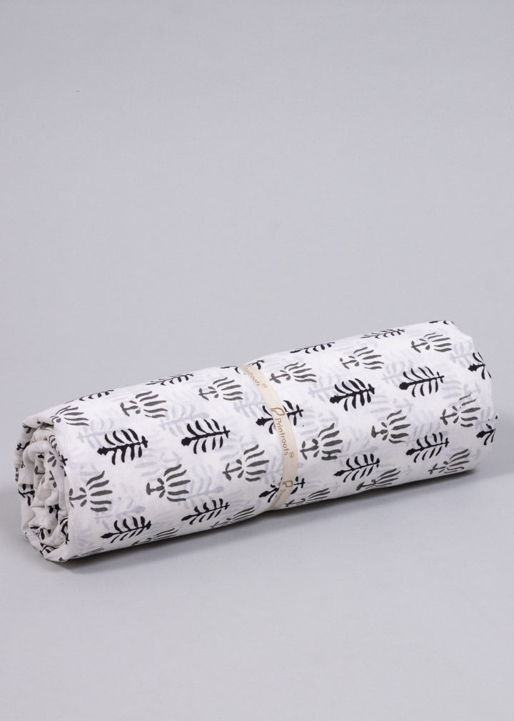 Saplings in Rows Grey and Black Cotton Hand Block Printed Fabric