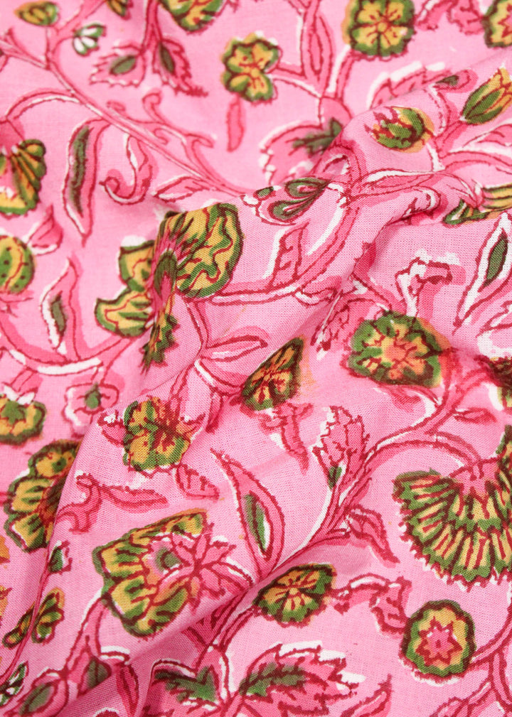 A Dance of Carnation Rose Cotton Hand Block Printed Fabric