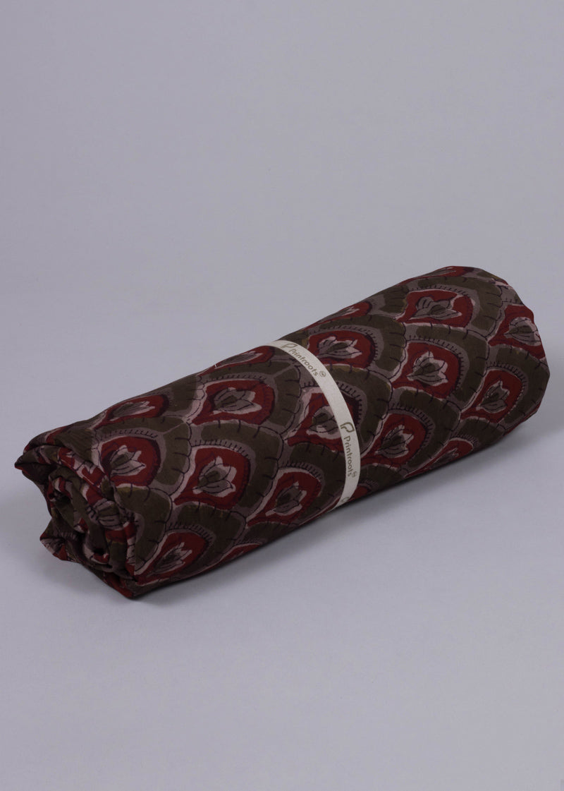 Tulip Arches Brown Chanderi Hand Block Printed Fabric