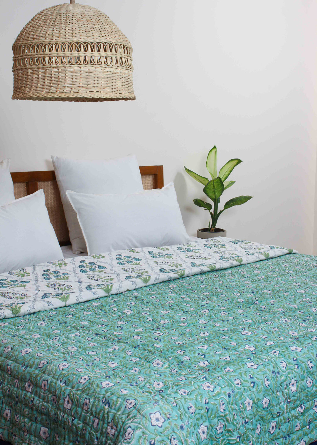 Teal Tomorrow Cotton Hand Block Printed Bed Quilt