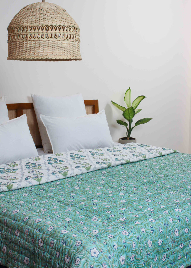 Teal Tomorrow Cotton Hand Block Printed Bed Quilt