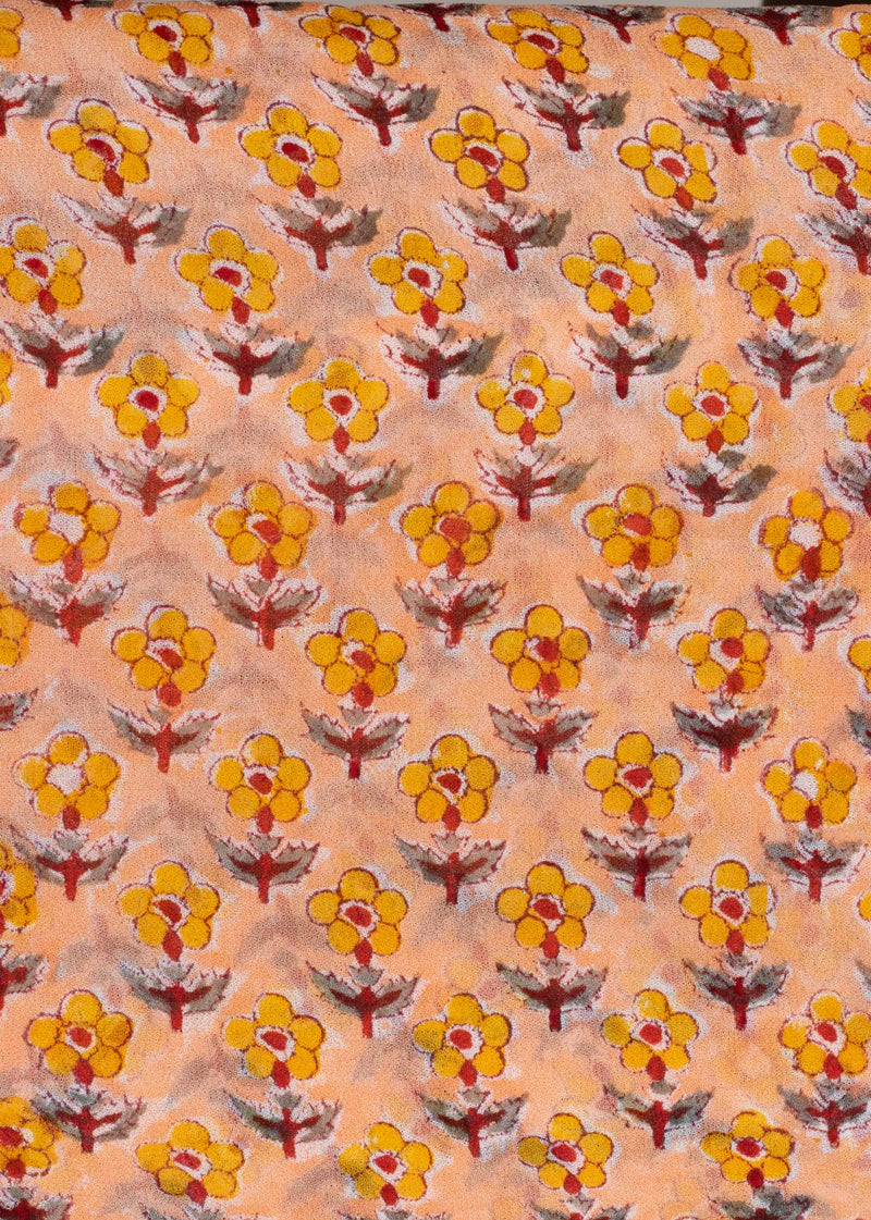 Daisies Peach Georgette Hand Block Printed Fabric (3.50 Meter)