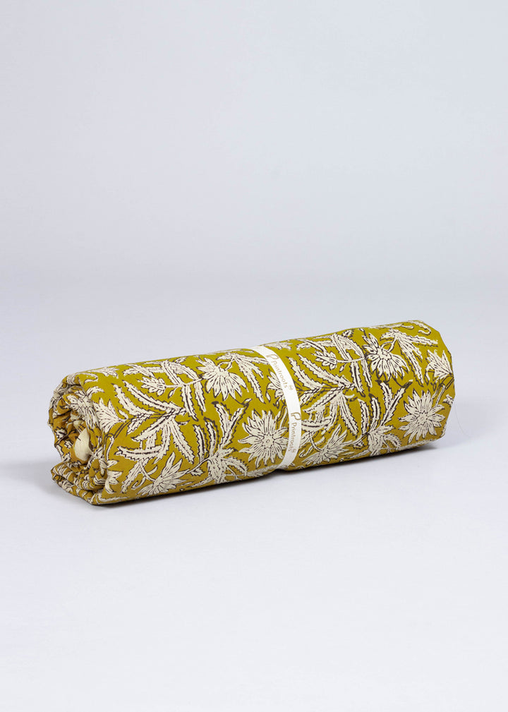 Chrysanthemum Mustard Cotton Hand Block Printed Fabric