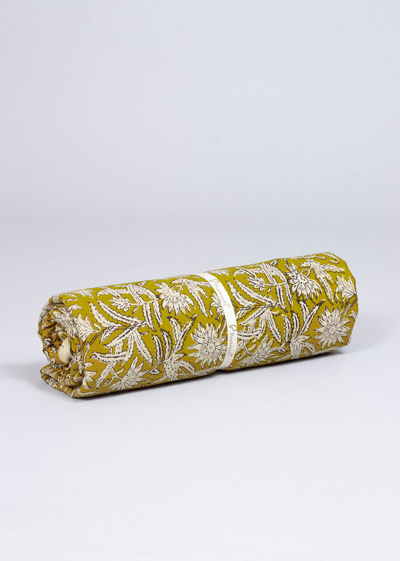 Chrysanthemum Mustard Cotton Hand Block Printed Fabric