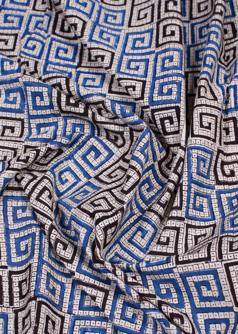 Puzzles Blue and Black Cotton Hand Block Printed Fabric