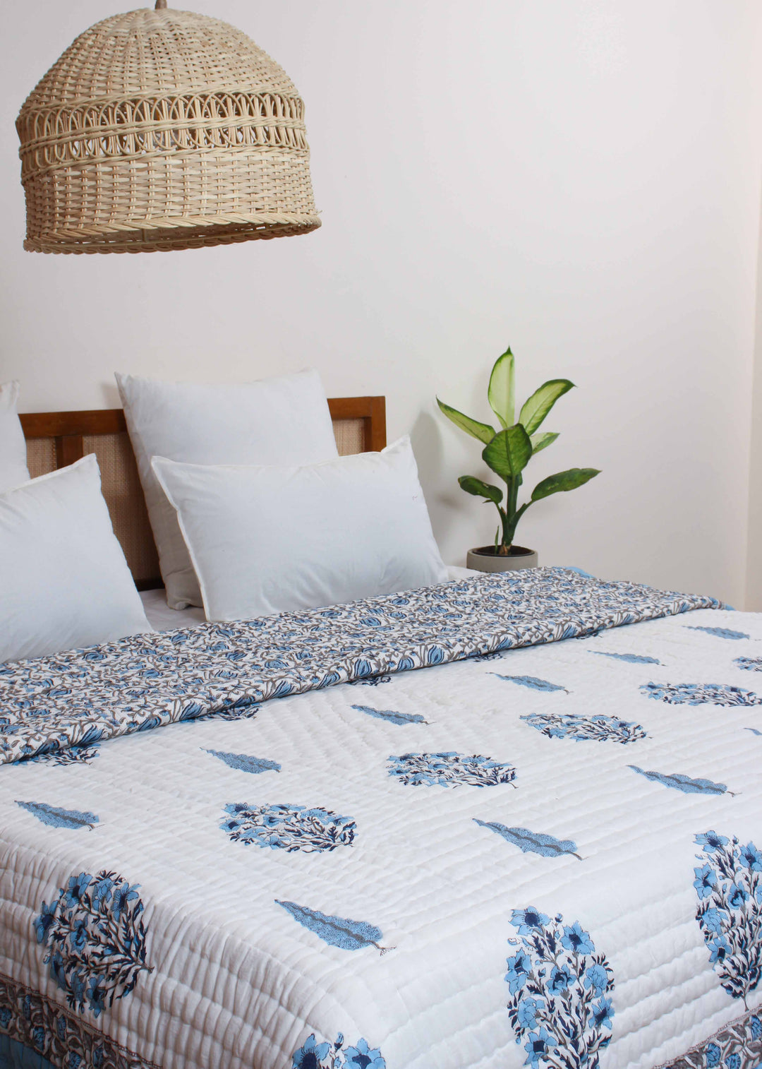 Farmhouse Blue Cotton Hand Block Printed Bed Quilt