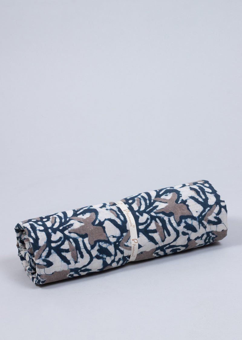 Illusory Flower Garden  Blue and Grey Hand Block Printed Cotton Mulmul Fabric