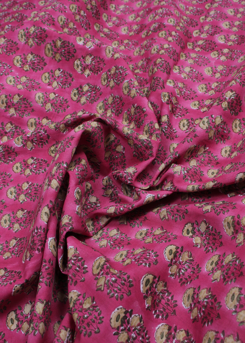 Morning Fuschia Pink  Cotton Hand Block Printed Fabric