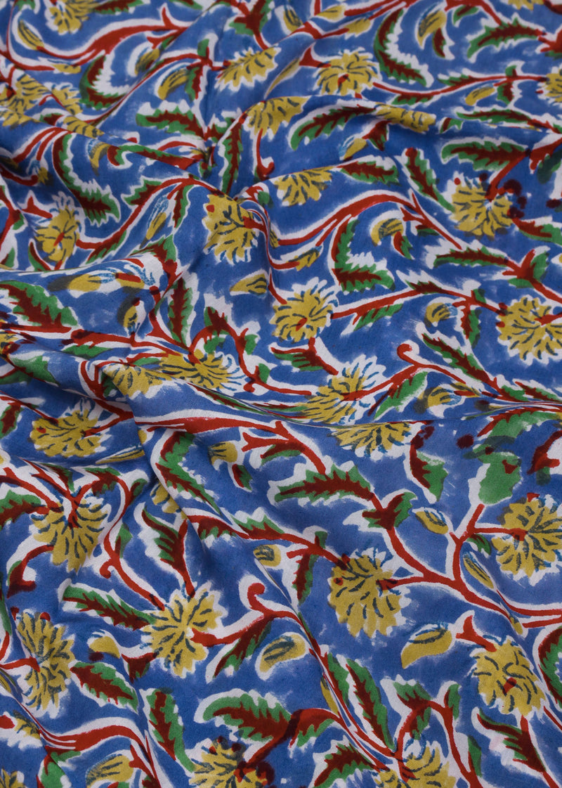 Waking Summer Blue Muslin Hand Block Printed Fabric (3.00 Meter)