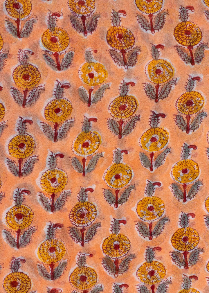 Merrier Peach Georgette Hand Block Printed Fabric