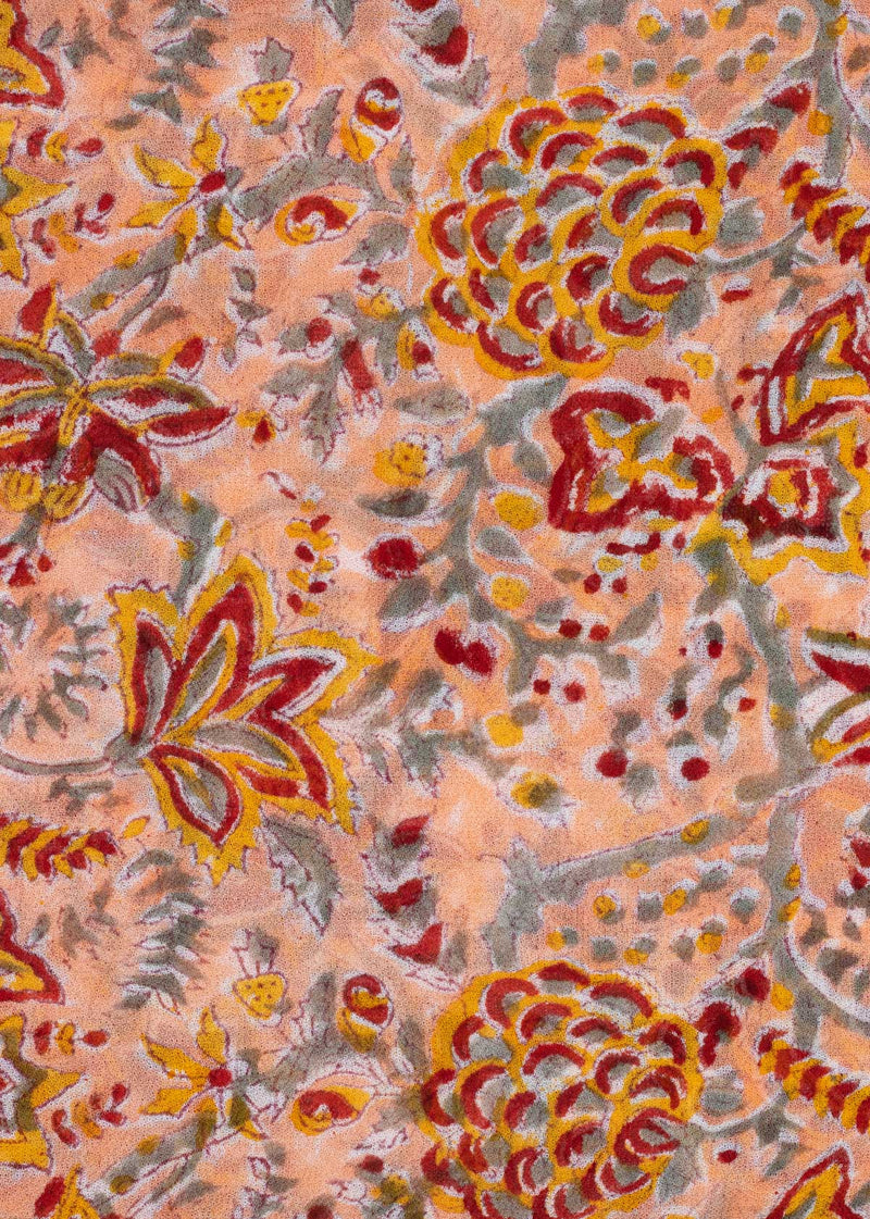 Wilderness Peach Georgette Hand Block Printed Fabric