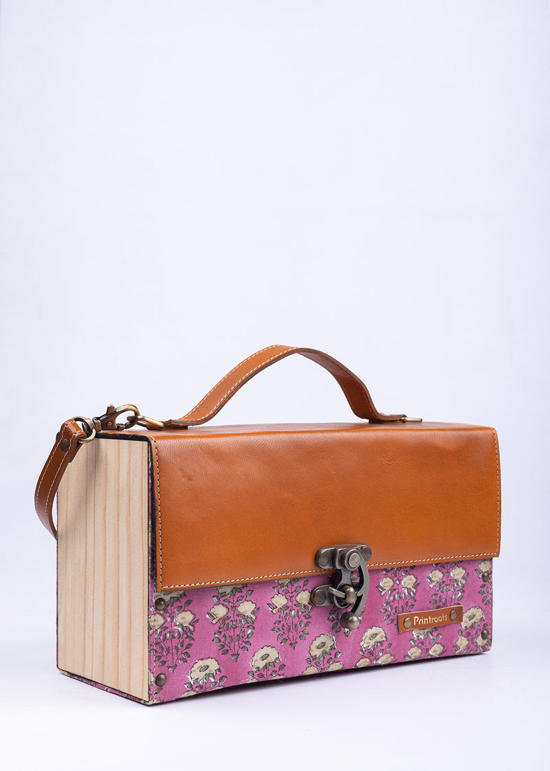 Cherry Lilies Hand Block Printed Pine Wood  Leather Sling Bag