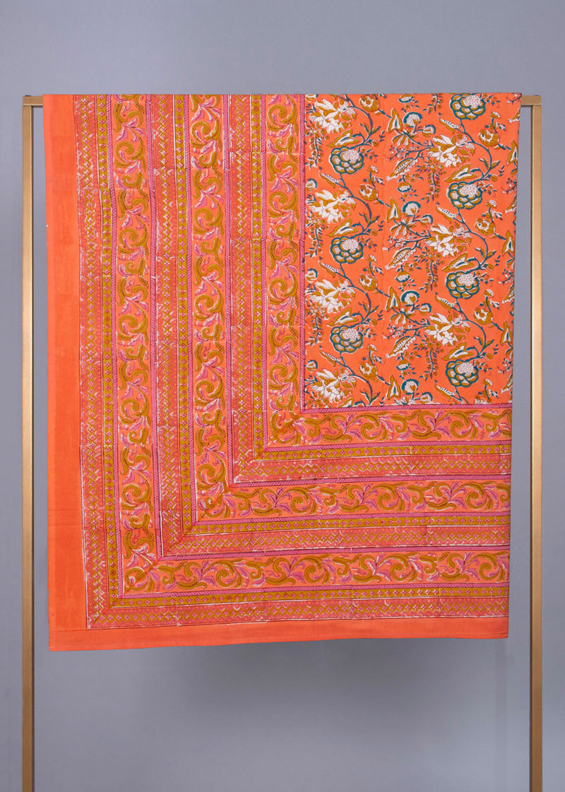 Amorous Tangerine Hand Block Printed Cotton Bedsheet