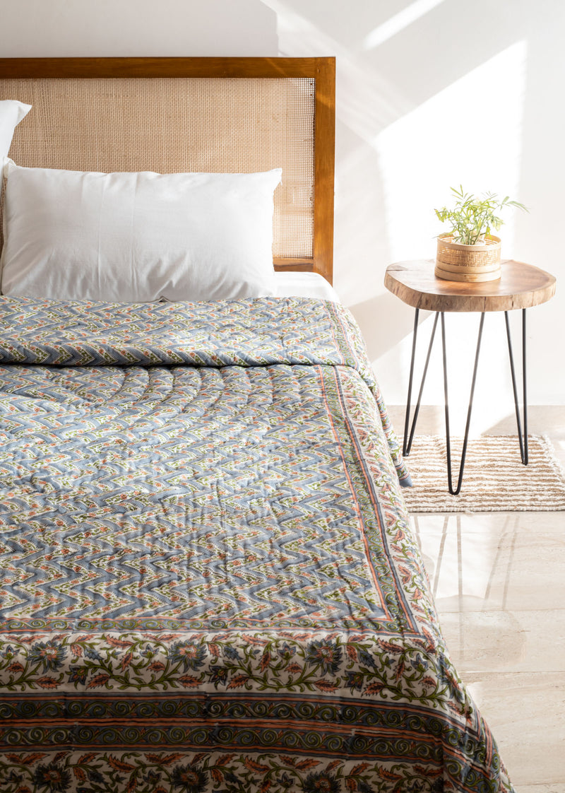 Valleys Blue Hand Block Printed Cotton Bed Quilt