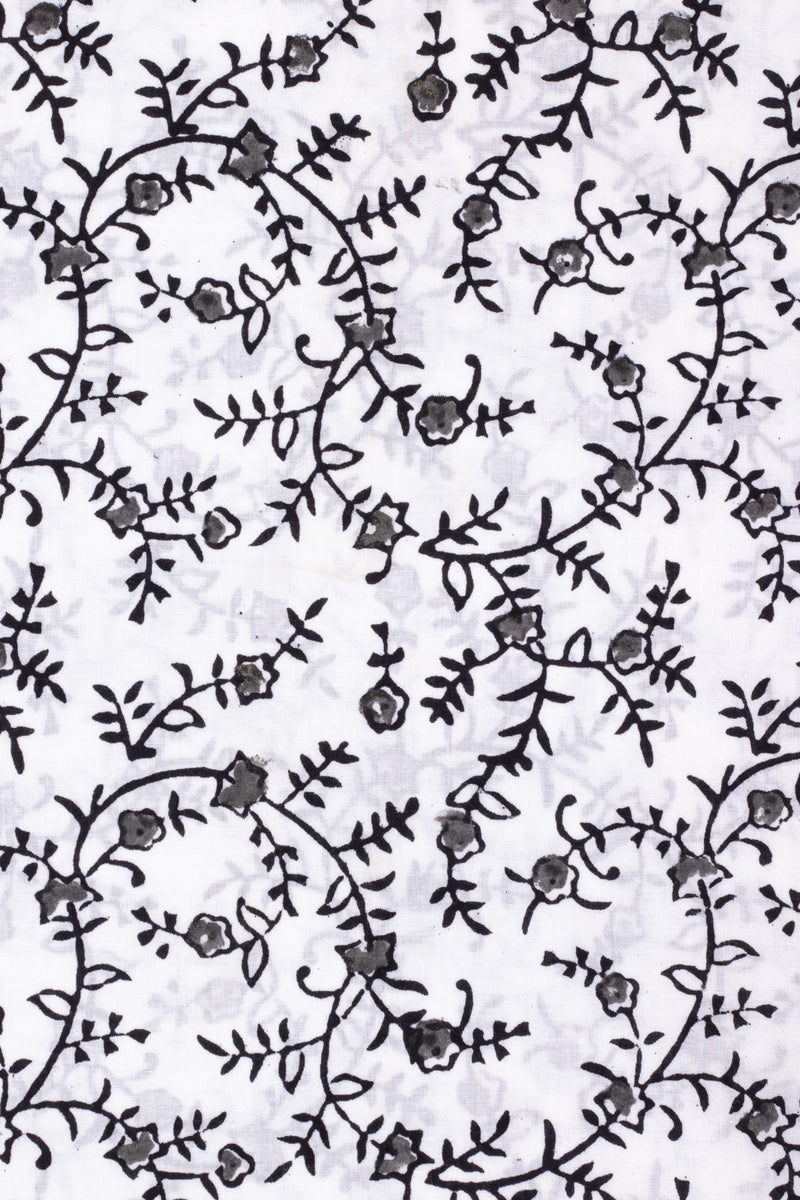 Flowers in the Daylight  Grey and Black Cotton Hand Block Printed Fabric (1.80 Meter)