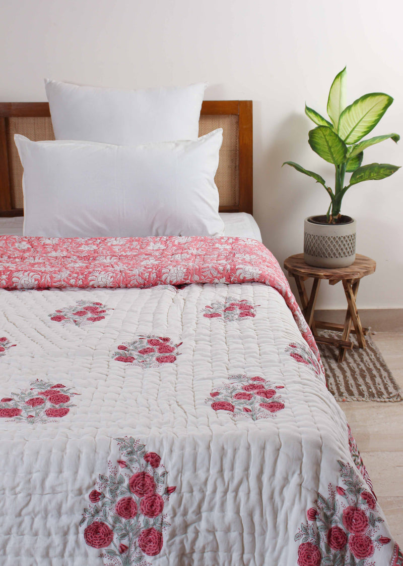 Blush Morning Cotton Hand Block Printed Bed Quilt