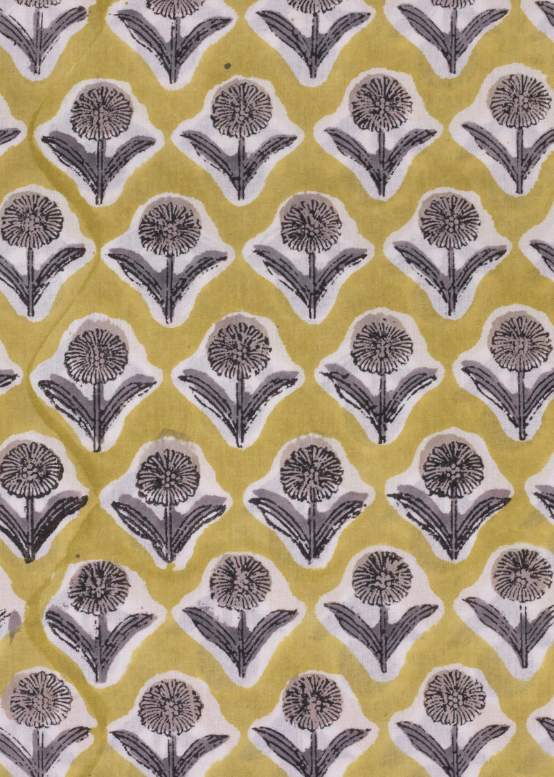 Wildings Yellow Cotton Hand Block Printed Fabric (2.00 Meter)