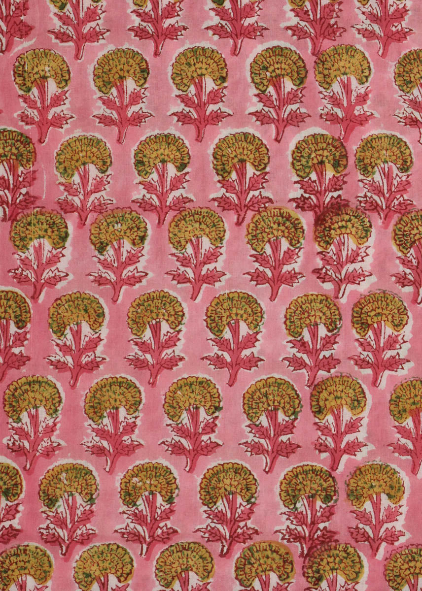 Marigold Prairies Pink Cotton Hand Block Printed Fabric