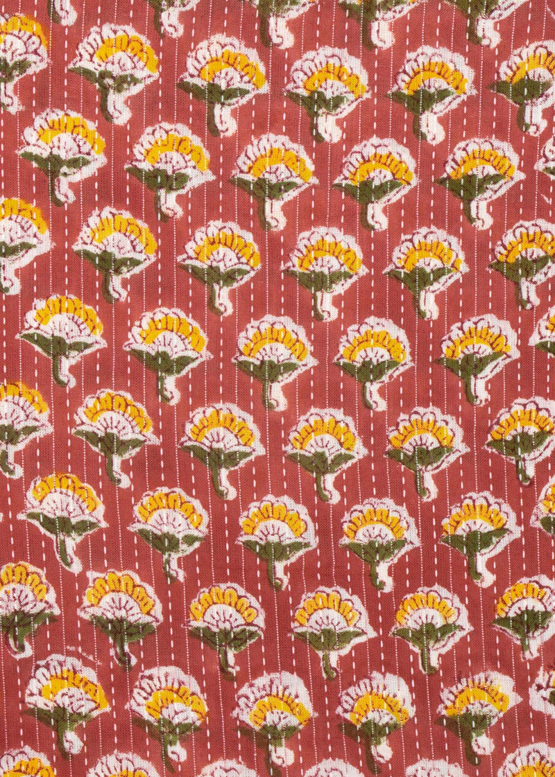 Midday Bloom Red Cotton Hand Block Printed Kantha Fabric