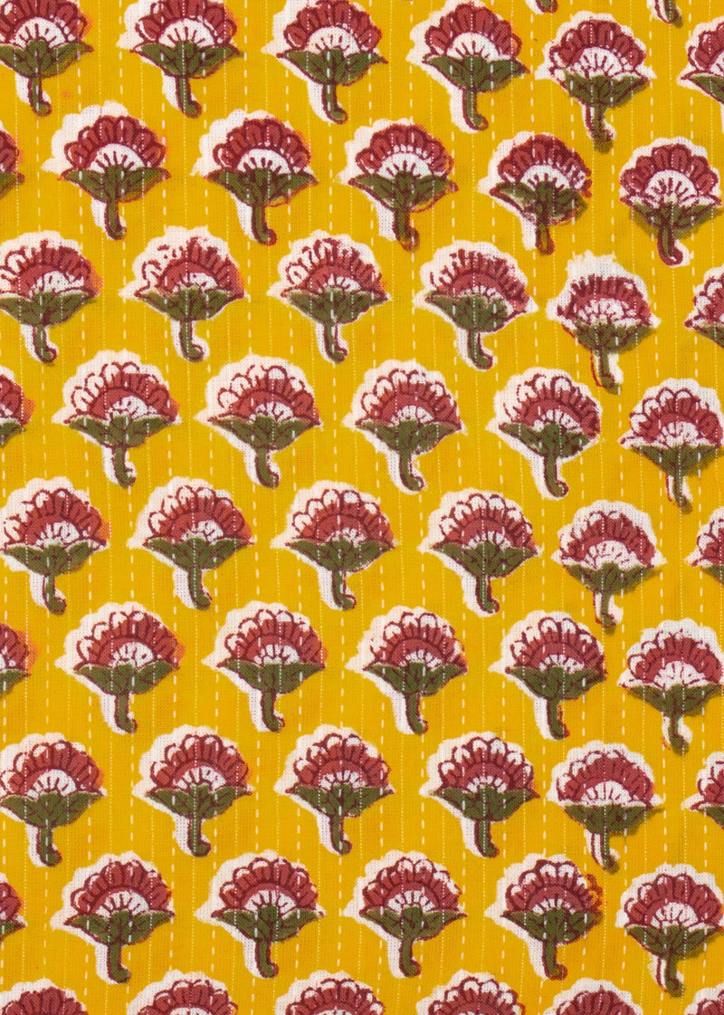 Midday Bloom Yellow Cotton Hand Block Printed Kantha Fabric