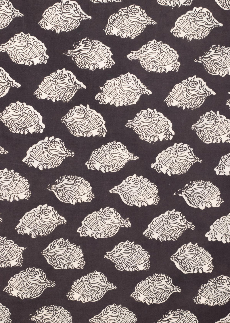 Foreign Foliage Black Cotton Hand Block Printed Fabric (3.00 Meter)