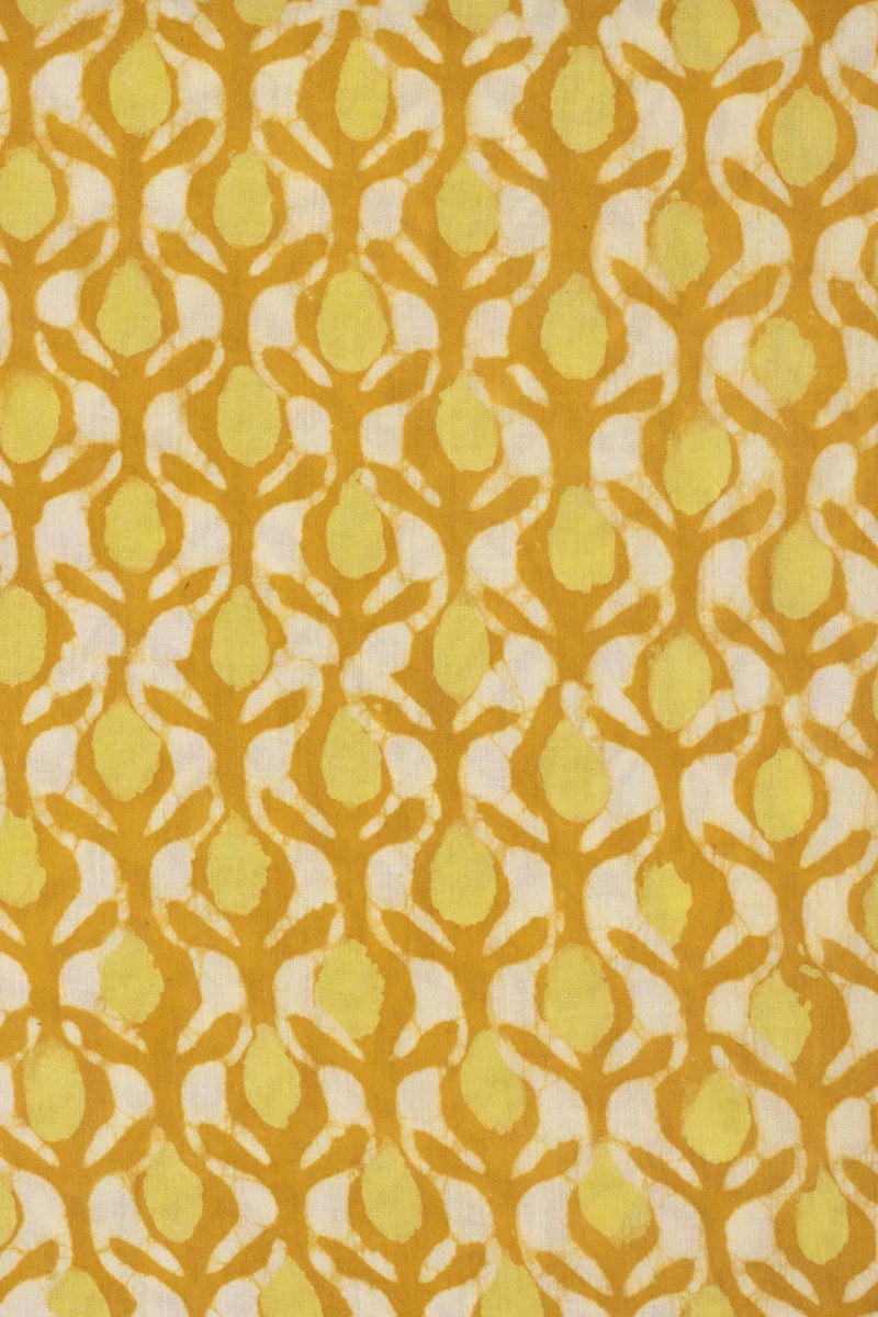 Florals in Flow  Mustard and Lime Hand Block Printed Cotton Mulmul Fabric (1.00 Meter)