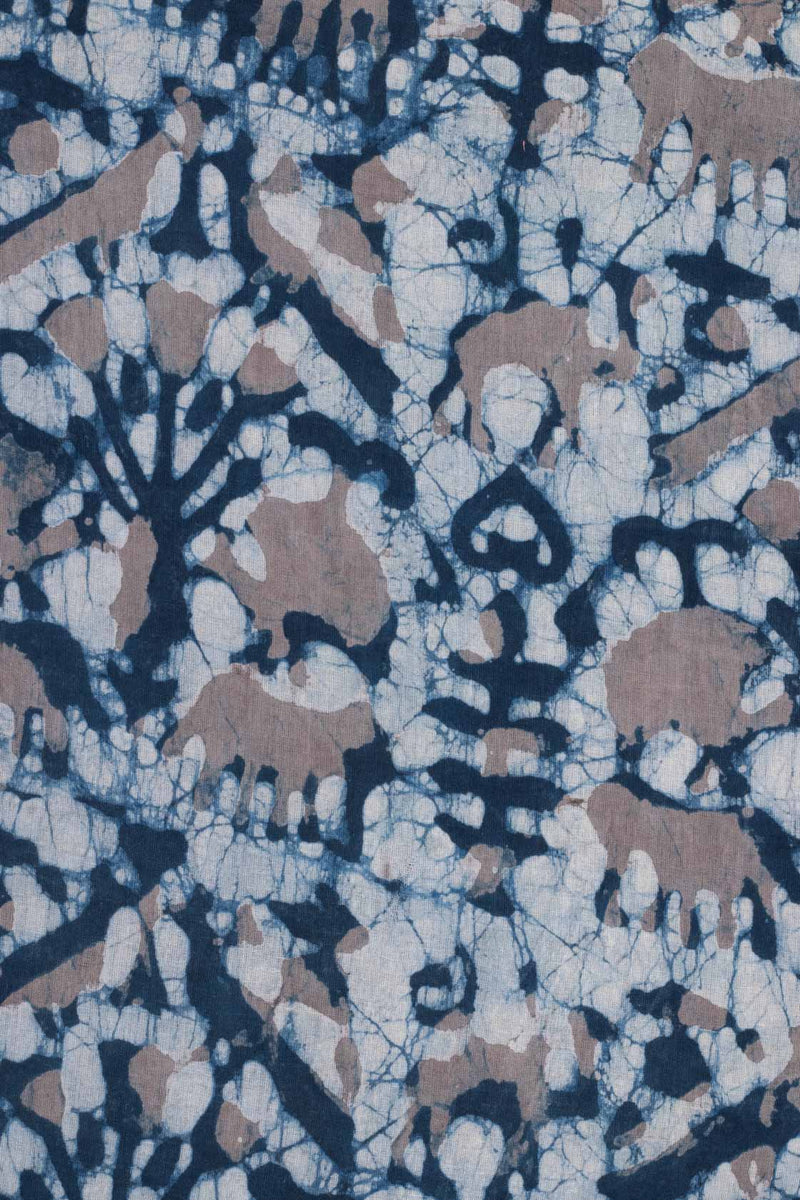 Dance of the wild  Prussian Blue and Grey  Hand Block Printed Cotton Mulmul Fabric