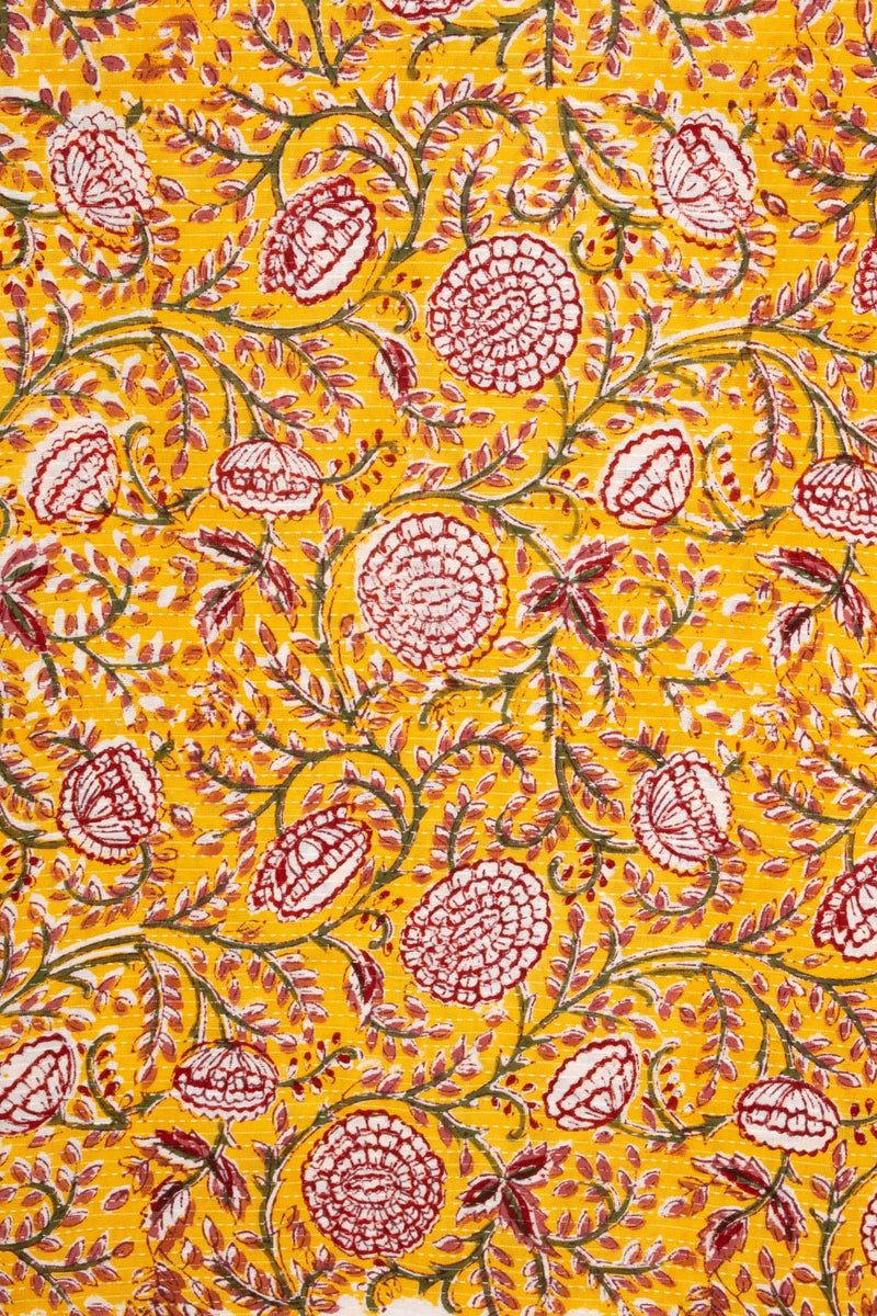 Sanguine Yellow Cotton Hand Block Printed Kantha Fabric