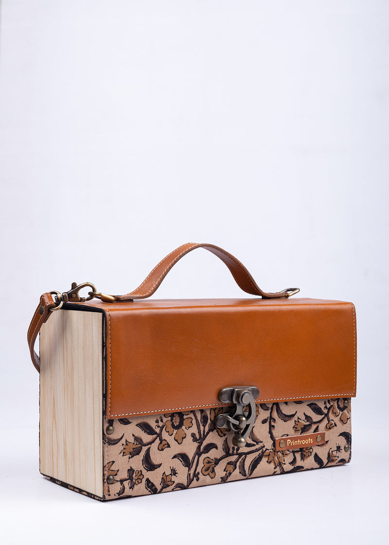 Autumn Leaes Hand Block Printed Pine Wood Leather Sling Bag