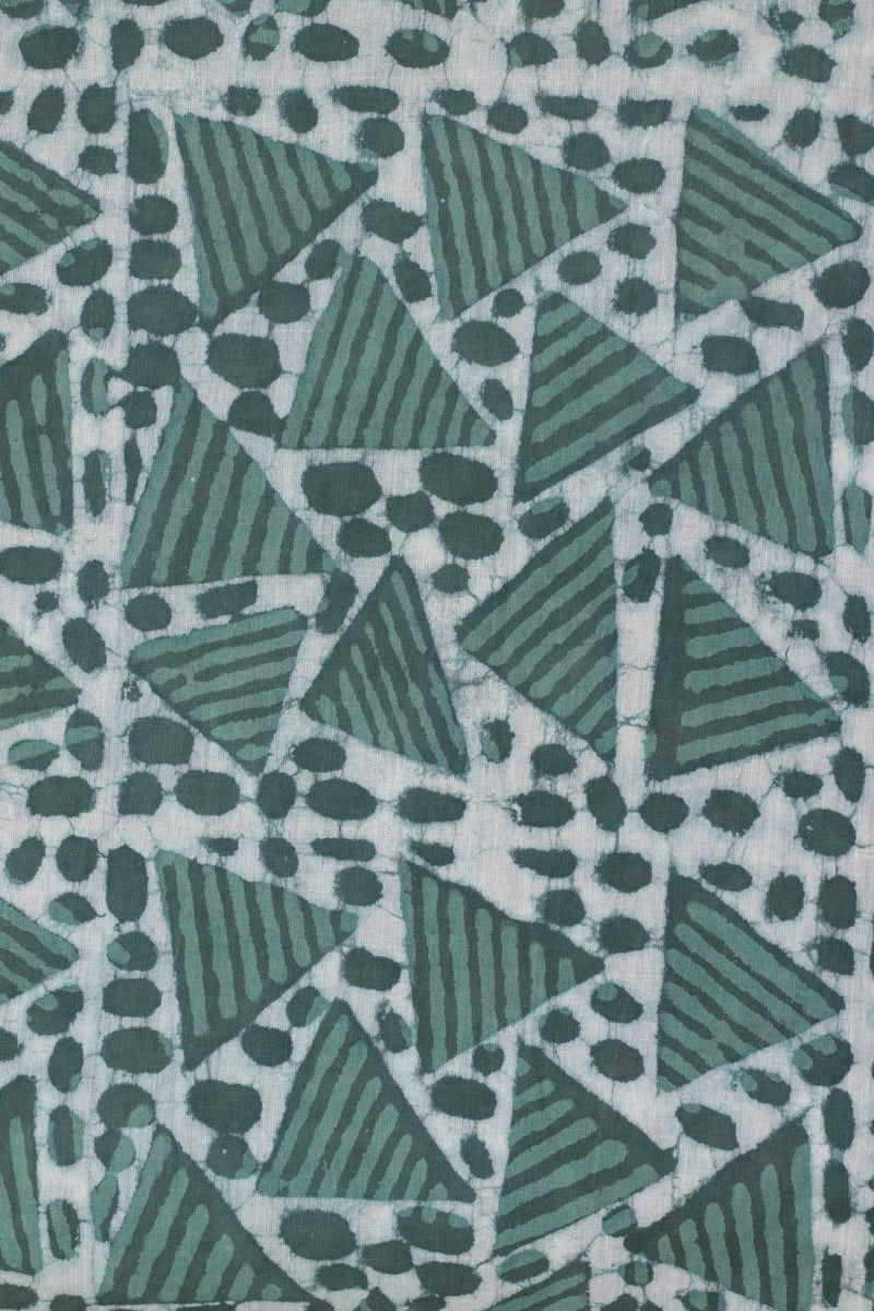 Illusory Triangles Muted Green Hand Block Printed Cotton Mulmul Fabric