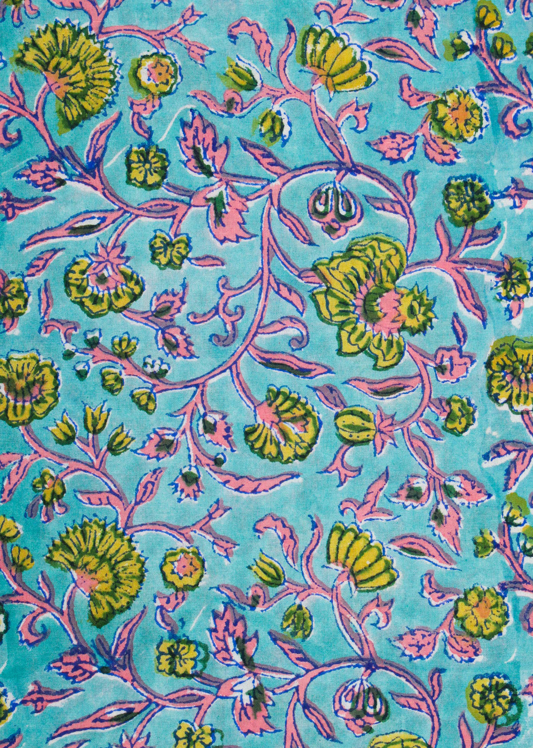 A Dance of Carnation Cyan Cotton Hand Block Printed Fabric