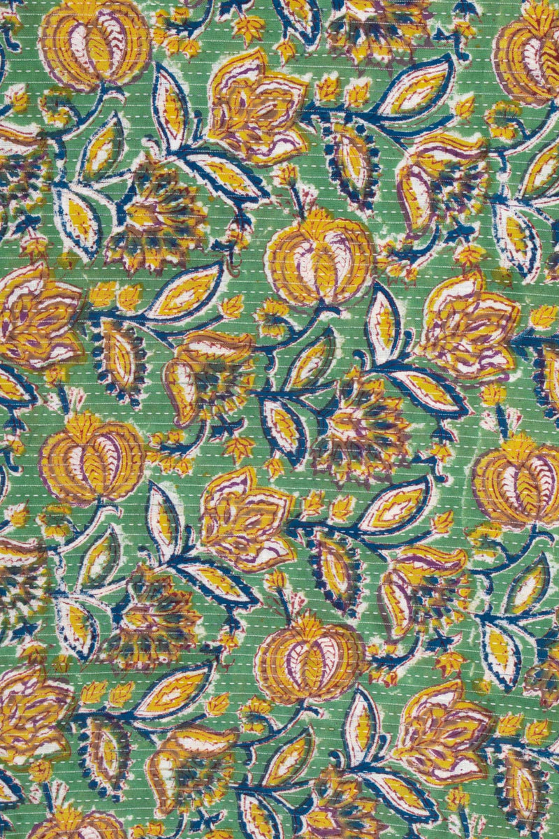Rainforest Green Cotton Hand Block Printed Kantha Fabric